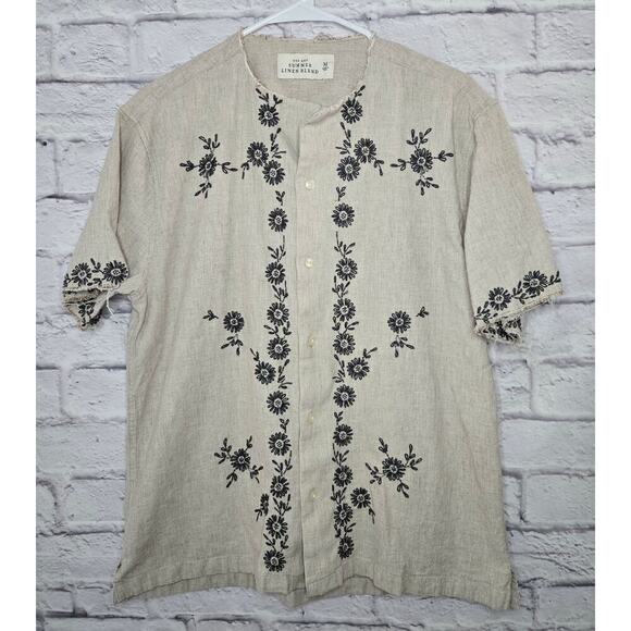 Abercrombie linen camp embroidered short sleeve button down shirt men's resort. - Picture 3 of 7